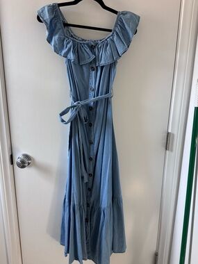 Light Blue Denim Off-Shoulder Button-Front Maxi Dress with Tie Waist